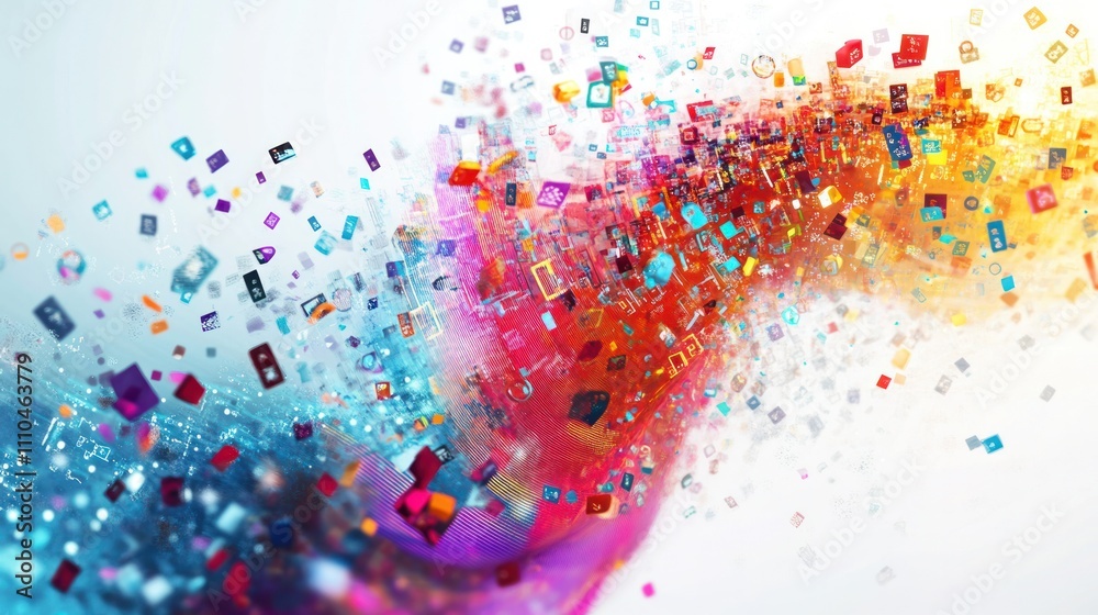 Poster computer language, highlighting colorful symbols and codes flowing through a digital matrix,
