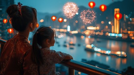 Observing fireworks and lanterns over a city skyline at night