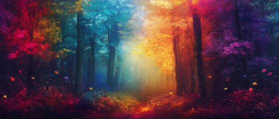 Fototapeta premium Vibrant enchanted forest with glowing colorful trees and ethereal light beams creating a magical and dreamy atmosphere