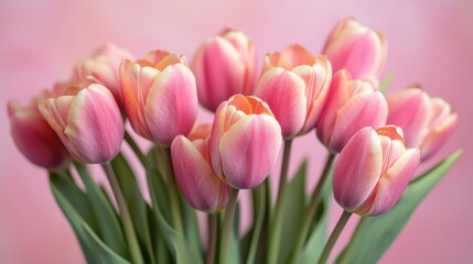 Beautiful composition spring flowers. Bouquet of pink tulips flowers on pastel pink background. Valentine's Day, Easter, Birthday, Happy Women's Day, Mother's Day.