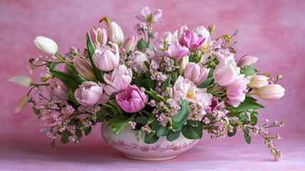 Beautiful composition spring flowers. Bouquet of pink tulips flowers on pastel pink background. Valentine's Day, Easter, Birthday, Happy Women's Day, Mother's Day.