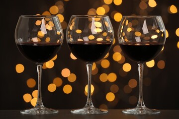 Tasty red wine in glasses on table against dark background with blurred lights, bokeh effect