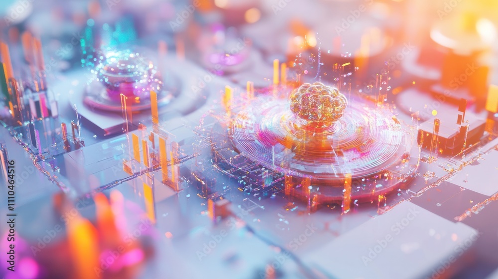 Poster a digital artwork showcasing a holographic display of ai algorithms analyzing quantum data, with swi