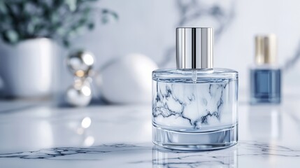 Marble bathroom, exclusive perfume bottle, high-end lifestyle setting