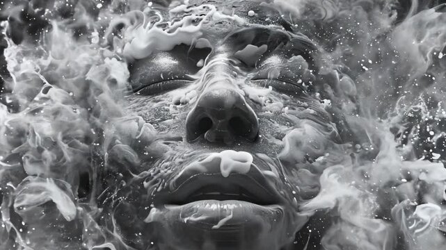 Close-up of a face submerged in water, surrounded by swirling mist and textured liquid patterns