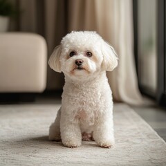 Fluffy bichon frise sitting indoors on a light pastel rug, looking curious and surrounded by soft natural lighting