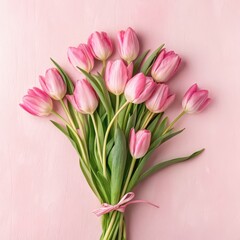 Obraz premium Beautiful composition spring flowers. Bouquet of pink tulips flowers on pastel pink background. Valentine's Day, Easter, Birthday, Happy Women's Day, Mother's Day. Flat lay, top view, copy space