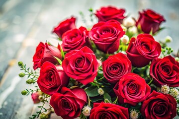 Obraz premium Closeup of a Colorful Flower Bouquet Featuring Red Roses Isolated on a White Background with Tilt-Shift Photography for a Unique Perspective and Artistic Appeal