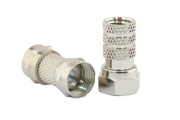 Metal F-connectors for connecting coaxial cable. Close-up. Soft focus.Transparent background in png.
