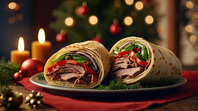 Christmas roast beef wrap sliced open on a plate, festive background.