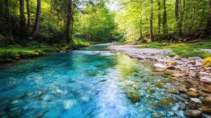 Obraz premium Crystal-clear river flowing through a lush green forest, sunlight illuminating the water.
