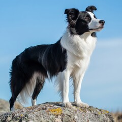 Fototapeta premium Full-length shot of a border collie standing alert on a rock, with natural surroundings and clear blue skies