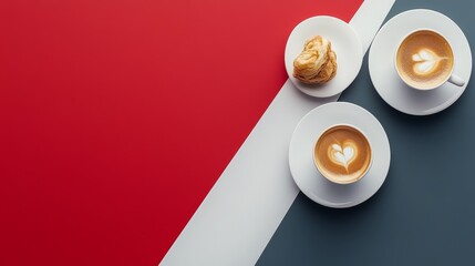 Top view of two cappuccinos with latte art, placed on a red surface with geometric shapes. One cup features a heart design, and the other has a leaf pattern, creating a visually appealing coffee conce