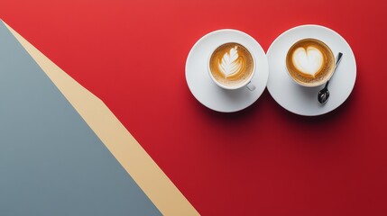  Two cups of cappuccino with latte art designs—a heart and a leaf—served on white saucers against a vibrant red and geometric background. The composition is minimalistic and modern.