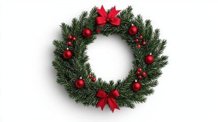 A photostock of a beautifully decorated Christmas wreath with red ribbons and ornaments, isolated on a clean white background, festive and classic. High Quality