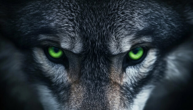 Intense close-up of a wolf&rsquo;s piercing green eyes and detailed fur in a dramatic and mysterious setting