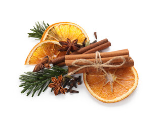 Different aromatic spices isolated on white. Christmas season