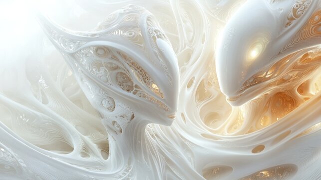 A surreal interpretation of extraterrestrial beings depicted as abstract forms with luminous surfaces and swirling patterns.