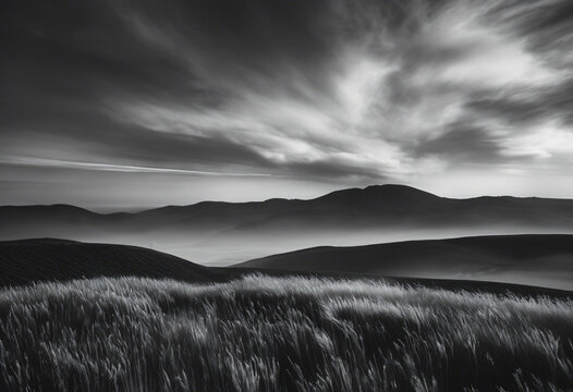 Stunning landscape view of rolling hills and dramatic skies in monochrome