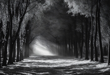 Obraz premium Mysterious figure stands alone in a foggy forest at twilight surrounded by tall trees