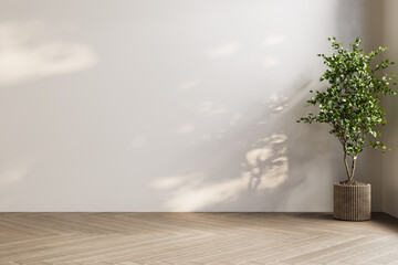 Empty minimalist room with chevron-patterned wood flooring and a potted plant, illuminated by natural light.