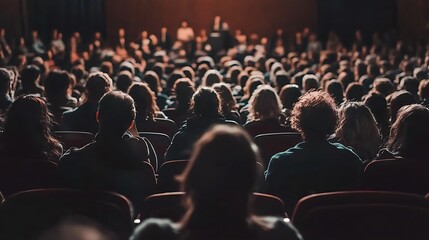 Large audience in a dark auditorium, viewed from behind, listening attentively to a speaker on stage.