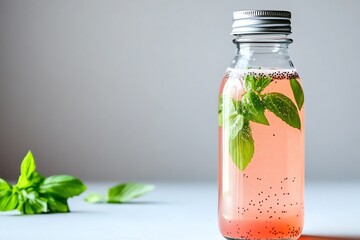 Refreshing beverage in a glass bottle, infused with basil leaves, perfect for summer drinks and healthy hydration.