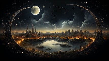Fototapeta premium Night scene of fantasy city with moon, lake, and stars.