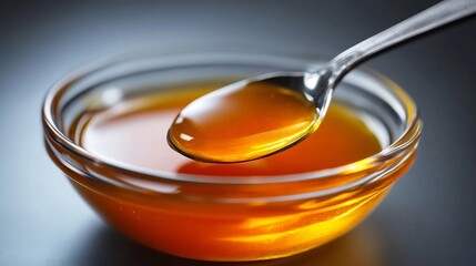 Spoonful of Golden Honey in a Glass Bowl, Close-Up