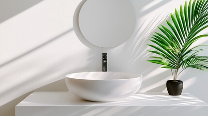 Fototapeta premium Modern apartment bathroom, minimalist white sink, round mirror, green plants on countertop, soft natural light, high window
