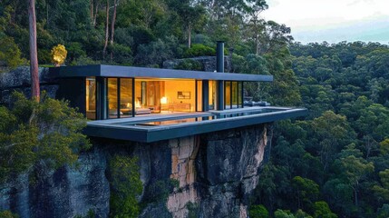 Cliffside modern home with infinity pool overlooking lush forest.