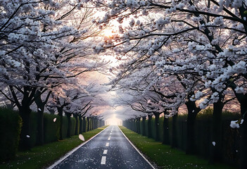 Serene Cherry Blossom Tunnel at Sunrise