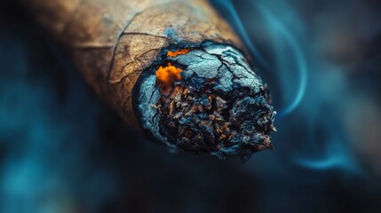A close-up view of a burning cigar revealing glowing embers surrounded by wisps of smoke. The intricate details highlight the textures and colors. Generative AI