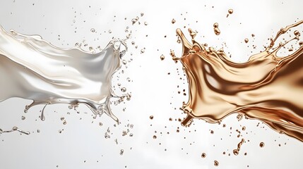 Abstract liquid splashes, white and gold, dynamic movement, against a light background.