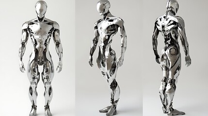 Chrome android robot, three-quarter view, full body, metallic, reflective, futuristic, science fiction.