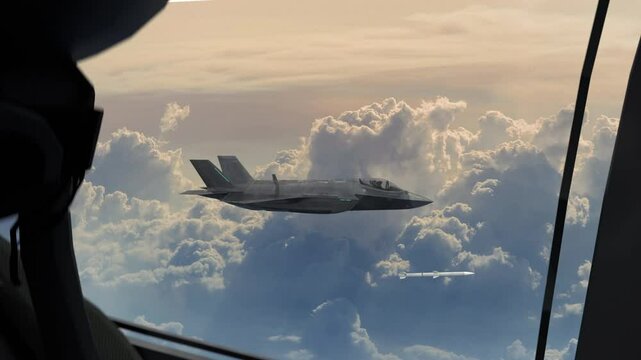 Jet fighter launches missile ,fighter jets are flying in the sky performing missions.