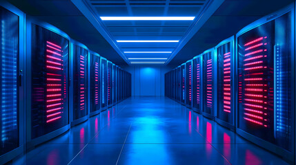 Fototapeta premium 3D Server Room Illustration: Blue and Pink Neon Lights