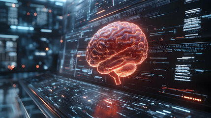 Obraz premium 3D Glowing Brain on Laptop Screen Illustration