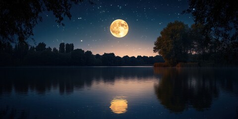 Serene Night Landscape: Full Moon Over Tranquil Lake Under Starry Sky