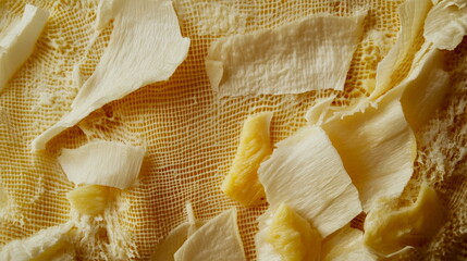 Detailed shot of freshly peeled durian segments, their creamy texture inviting and rich