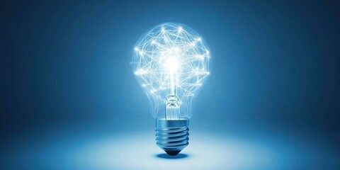 Abstract light bulb with glowing digital connections on a blue background, a symbol of ideas and innovation in the technology industry. 
