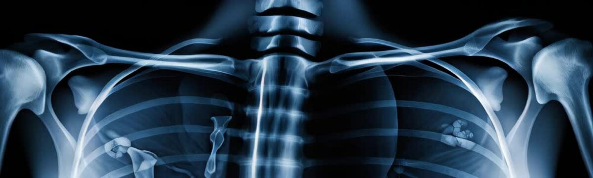 Human skeleton X-ray visualization of the human skeletal system skull, ribcage, spine and upper limbs. Anatomical bone medicine laboratory radial scan for disease diagnostic health care checkup