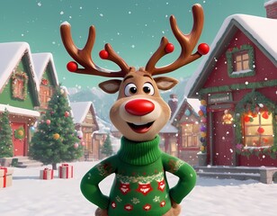 Cheerful reindeer character in festive holiday village during a snowy winter scene