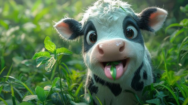 Adorable Cartoon Calf in Lush Green Pasture with Playful Expression