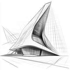 Architecture building construction perspective design and modern urban building line drawing on a white background, 3D illustration