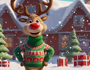 Cheerful reindeer character in festive holiday village during a snowy winter scene