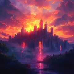 Fototapeta premium A majestic castle silhouetted against a vibrant sunset, surrounded by mist and nature.