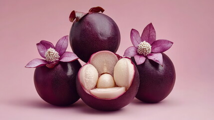 Detailed shot of purple mangosteens arranged artistically with one sliced to reveal its interior