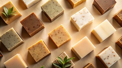 Elegant Arrangement of Beige and Brown Soap Bars on Light Beige Surface with Hard Shadows, Showcasing Organic Handmade Skincare Products in a Top View Mockup for Natural Face and Body Care