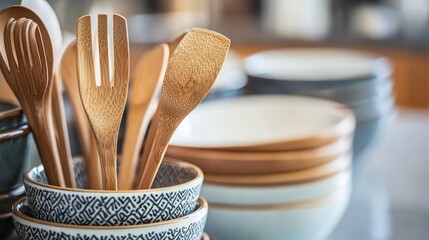 Bamboo Kitchen Utensils in Ceramic Bowls Rustic Kitchenware